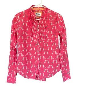 Anthropologie Holding Horses pleated pintuck button pink bird blouse top shirt